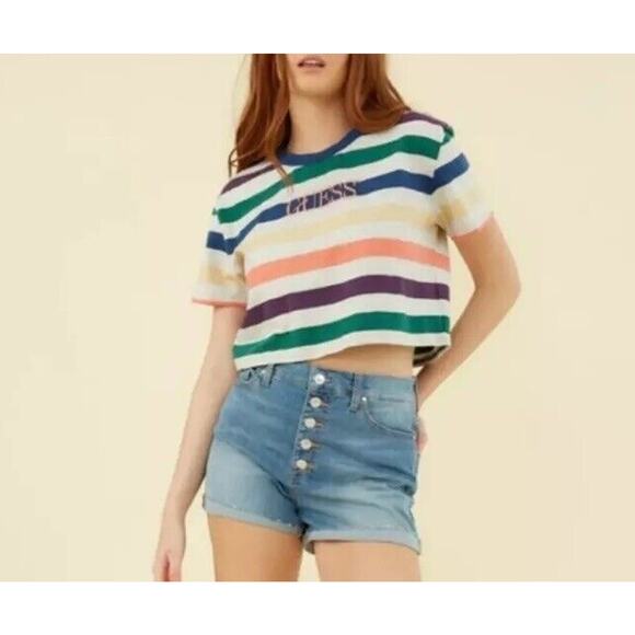 Guess Originals 1981 Gray Multi-Color Stripe Short Sleeve Crop Guess Logo SP - Picture 8 of 9